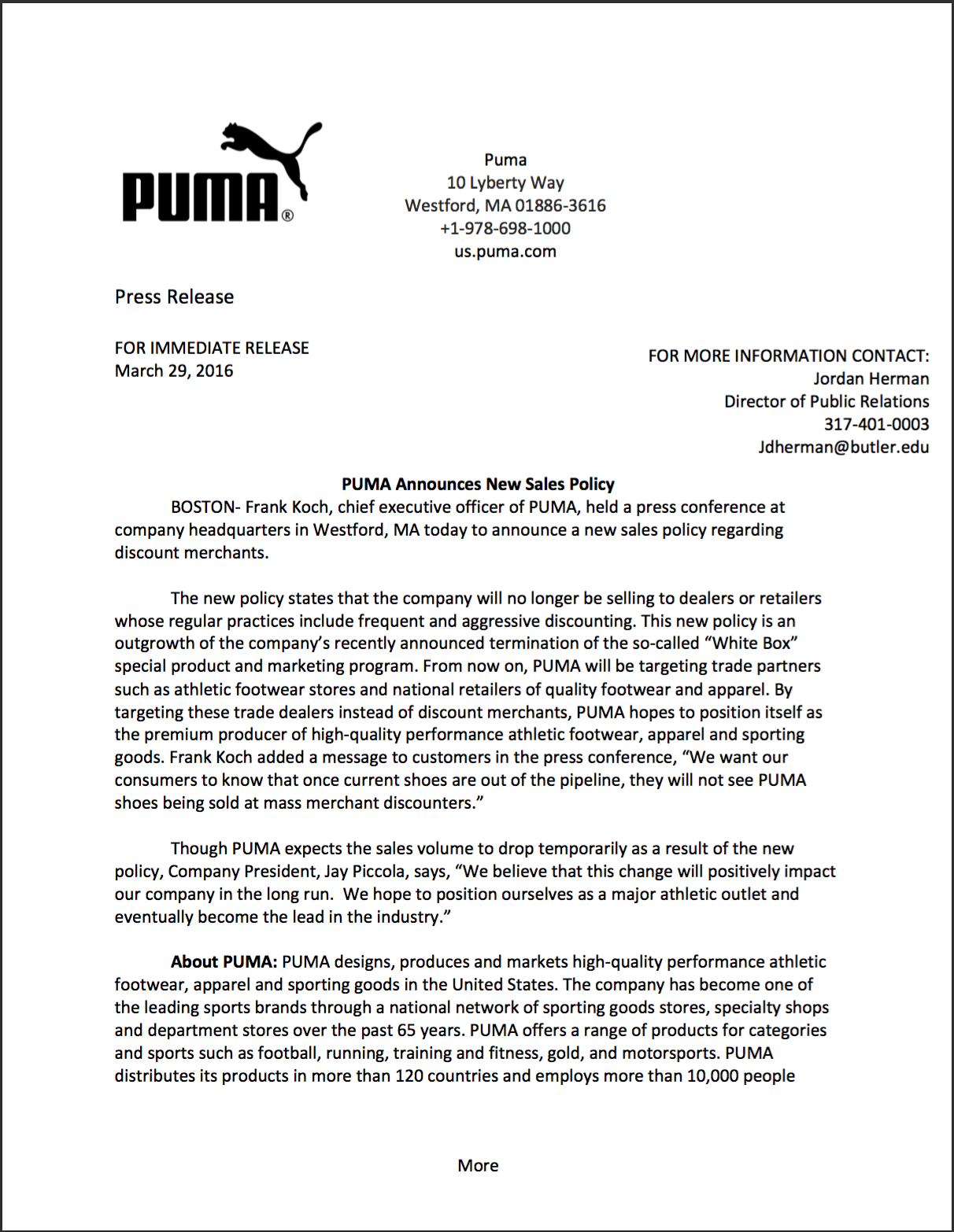 Puma Press Release – Jordan Herman